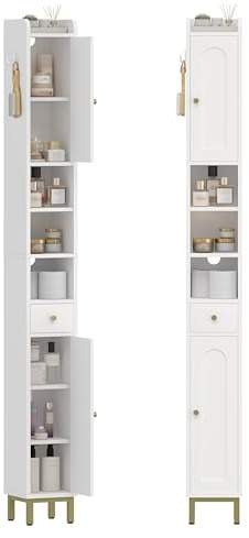 Hzuaneri Meuble Colonne de Salle de Bain, Meuble de Rangement, Armoire Etroit avec Etagères Réglables, 1 Tiroir et 2 Portes, Armoire Haut pour Salon, Chambre, Bureau, Blanc BC28013X