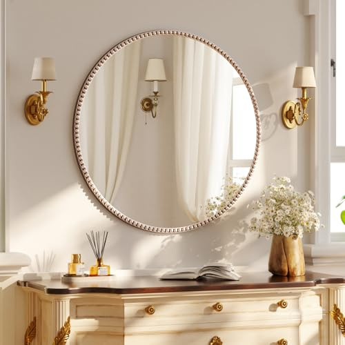 Koonmi Rund väggspegel, 70 cm, liten pärlram, tillverkad av härdat glas, lämplig för sovrum, badrum etc., silverfärgad