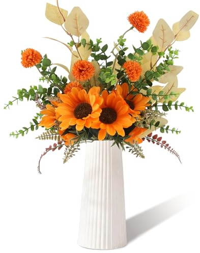CYIOU 5 Girasoles Artificiales Naranja Ramo de Flores Artificiales Decoracion Jarrones Flores Secas Preservadas para el Hogar Bodas Jardines Festivales Decoración