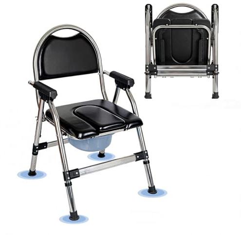 Commode Toilet Chair, Height Adjustable Bedside Commode Chairs, Foldable Toilet Chair for Elderly & Disabled, Portable Toilets for Adults with Padded Back and Seat, Non-Slip Leg and Arm Support