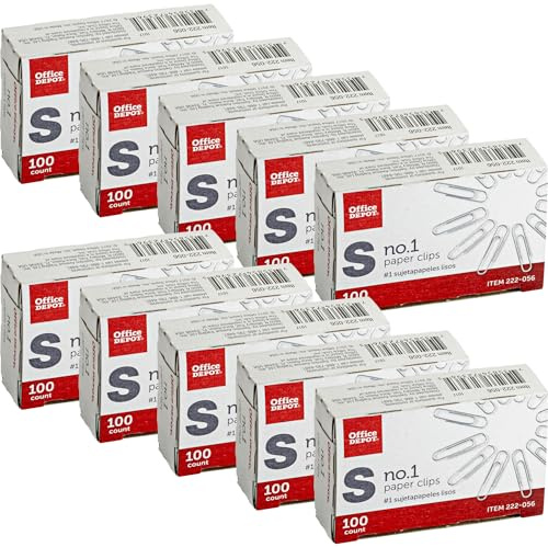 Office Depot® Brand Paper Clips, No. 1 Regular, Silver, 100 Clips Per Box, Pack of 10 Boxes