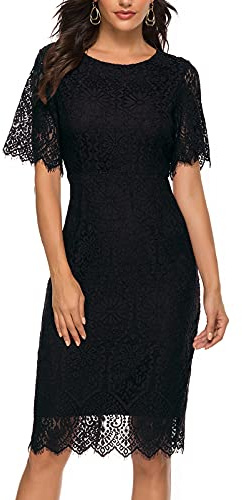 MEROKEETY Women's Short Sleeve Lace Floral Cocktail Dress Crew Neck Knee Length for Party, ShortBlack, Large