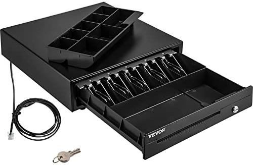 VEVOR Tiroir-Caisse Enregistreuse 41 cm Tiroir-Caisse Manuel et Automatique Compartiments 5 Billets 8 Pièces Tiroir de Caisse Enregistreuse Port RJ11/RJ12 Billets Monnaie POS Restaurant Supermarché