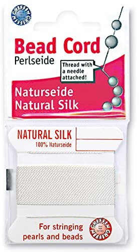 Griffin Silk Bead Cord Perlseide | White, Size 0 (0.30mm), 2 Meters per Card, Stainless Steel Needle Attached, for Knotting Pearls, Gemstones, Crystals & Beads