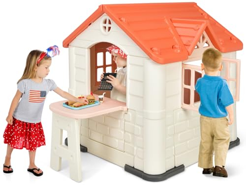 COSTWAY Kinder Spielhaus für bis zu 6 mit Pickniktisch, Türen und Fenstern, Kinderhäuschen Outdoor inkl. Spielzeugset und Regenschutzhülle, ideal für Jungen und Mädchen, 164 x 124 x 132 cm (Rosa)