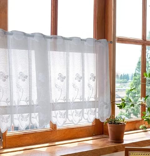 Devola Cortinas de red transparente jacquard cortina con flores Panneaux Cortinas casa de campo bistró cortina blanca con ojales cortinas de cocina cortas con borde curvo B x H 100 x 60 cm 1 pieza