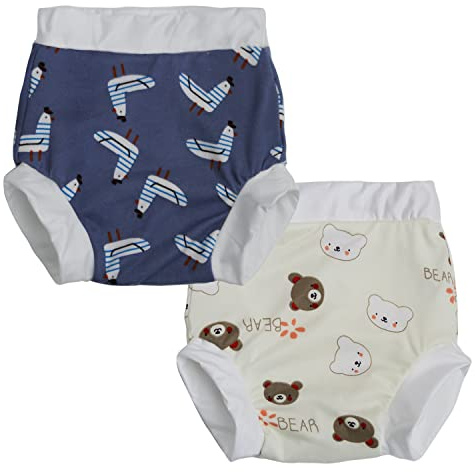 Joyo roy 2 Pcs Reusable Swim Diapers Size 3 Baby Toddler Swim Diaper Waterproof Washable Pull-up Swimming Diapers for Boys Swimming Lessons Stretchy Fit Baby Beach Essentials Bear & Navy Dove