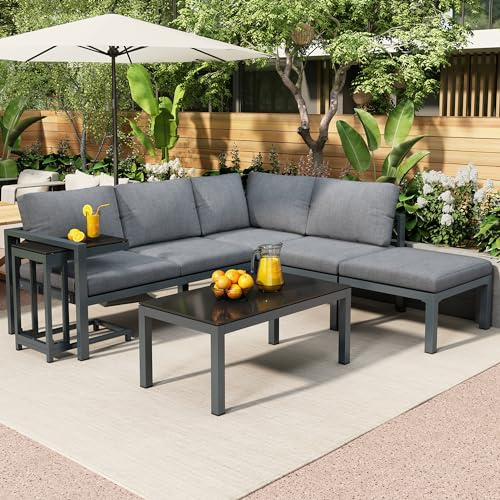 Merax Juego de muebles de jardín para 5 personas, para exteriores, con mesa de café y mesa auxiliar, sofá esquinero de aluminio, resistente a la intemperie, para jardín, balcón y terraza, incluye