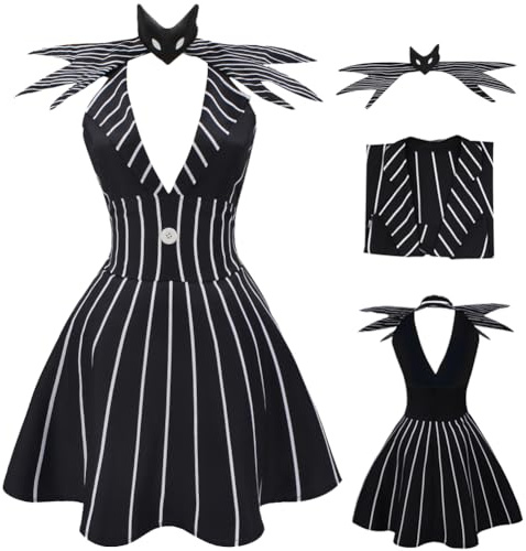 AYYOHON Robe de Noël de cauchemar pour femmes – Costume de costumade pour adulte – Robe trapèze à rayures avec nœud papillon – Uniforme d'Halloween – Taille XXL
