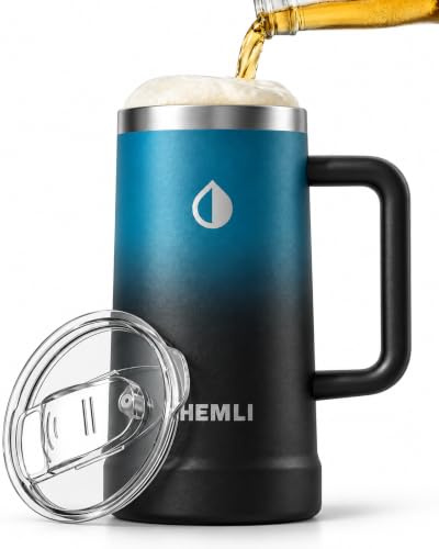 Hemli 24 oz Ceramic Lined Insulated Beer Mug with Lid - Stainless Steel Beer Stein - Triple-Wall Vacuum Insulated, Keeps Beer Ice Cold - Large Capacity, Leakproof Tritan Lid, Silicone Bottom