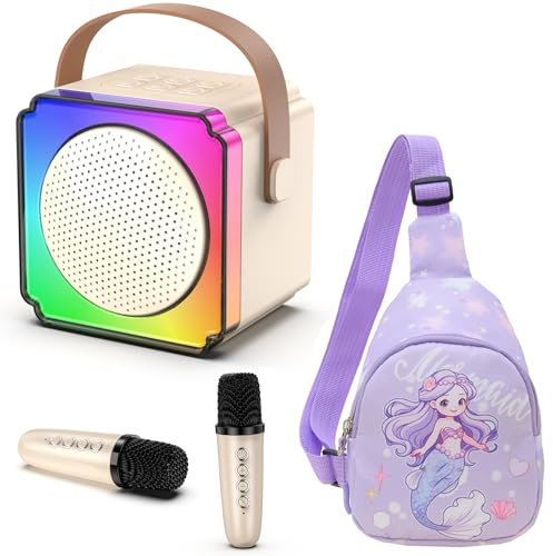 Doeboe Karaoke Machine with 2 Microphones, Portable Bluetooth Karaoke Machine with Colorful LED Light Backpack, Mini Karaoke Machine for 4-14 Years Old Boys Girls Birthday Presents (Off White)