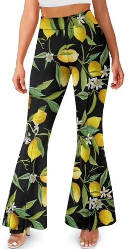 Xoenoiee Pantalon de yoga évasé pour femme - Coupe bootcut - Taille haute - Ourlet fendu - Bas cloche, Citron et fleurs blanches, XXL