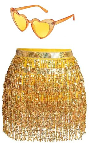 Damer paljetter kjol tofs glitterkjol höft paljetter rave kjolar glas set franskjol för dans klubb halloween kostym