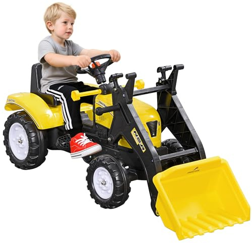 HOMCOM Escavatore a Pedali per Bambini da 3 Anni con Ruspa Frontale e Volante, Trattore per Bambini Cavalcabile, Giallo