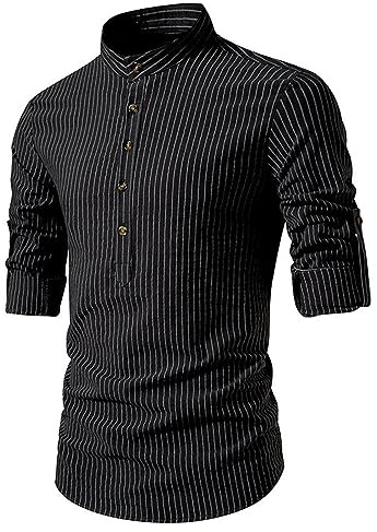 PODOLIXIA Chemise rayée à manches longues pour homme - Col montant avec demi-boutonnière - Coupe droite - Coupe droite - Chemise à manches longues - Automne - Hiver - Loisirs, Noir , M