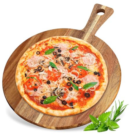 BORDEAG Plato de pizza de madera, tabla de cortar de madera con asa, tabla de pizza de 30,5 cm de diámetro, plato de pizza grande, tabla de cortar redonda con asa, bandeja para cortar pizza para