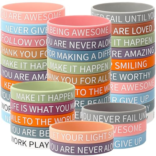 JUNEBRUSHS 30pcs Motivational Silicone Bracelets Bulk Colored Inspirational Accessories Wristbands for Women Men Kids Teens Teacher Home Office Back to School Party Favor Gifts Supplies (15 Designs)