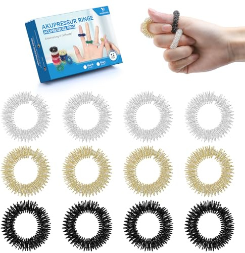 YANGTSUNG 12-Pack Akupressurringar, 30 mm Spikiga Fingerringar för Att Främja Blodcirkulation, Stressavlastning, Massage Fidget Ringar för Tonåringar 14+ och Vuxna (Guld/Silver/Svart)