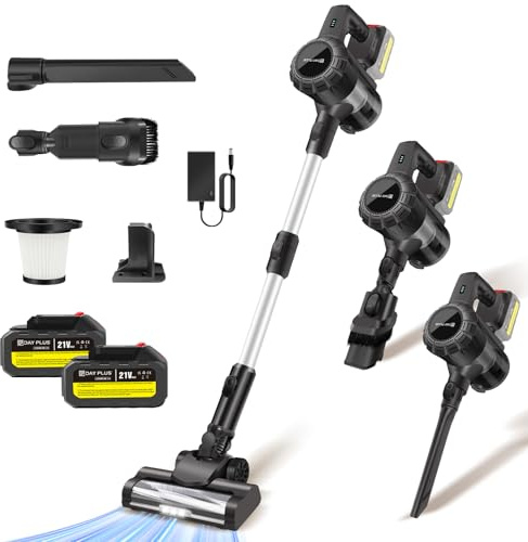 Yiyai Aspirapolvere a batteria, 6 in 1, senza fili, con spazzola anti-groviglio, 2 pezzi, batteria flessibile per auto, 120 minuti di autonomia per tappeti/peli di animali (grigio, 2 batterie)