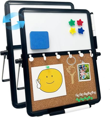 Tableau combiné double face de 31 x 22,9 cm magnétique effaçable à sec et tableau d'affichage en liège avec support, tableau mémo portable pour la maison, l'école et le bureau (accessoires inclus)