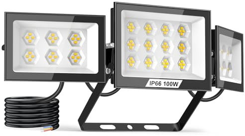 Lightasea 100W Security Lights Outdoor,LED Spot Light,10000LM LED Floodlight Outdoor,Outdoors Spotlight with Adjustable 3 Heads,IP66 Waterproof Outdoors Wall Light,for Courtyard Porch Garden Garage