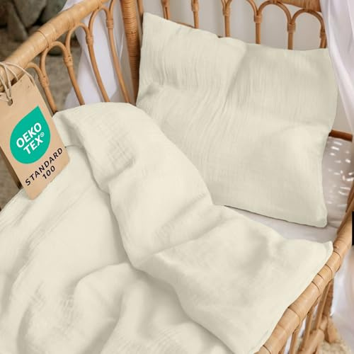 Dreamzie Baby Sängkläder Set 80x80 i 100% Bomull - Bomull Gaze Påslakan 80x80 cm + Örngott 35x40 cm, OEKO-TEX Certifierad - Kräm Färg