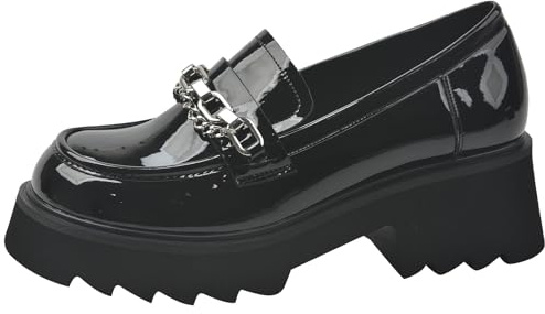 Wtharosa Mocasines con Plataforma Gótica Mujer Cuero Negro Patentado Zapatos Slip On con Detalle de Cadena y Suela de Tacos Gruesa Calzado de Vestir de Moda,Black(Thick),43 EU