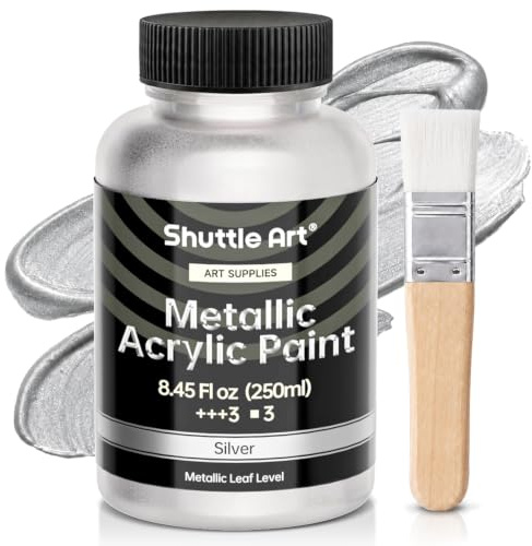Shuttle Art Metallic Sliver Acrylic Paint, 8.45 oz/250 ml Silver Leaf Paint