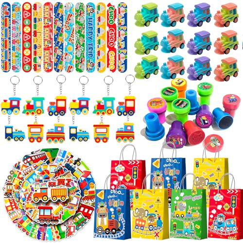 110 piezas de recuerdos de fiesta de tren, juego de recuerdos de cumpleaños de tren, incluyendo bolsas de fiesta temática de tren, llaveros, pulseras de bofetadas, sellos, etc. Recuerdos de fiesta de