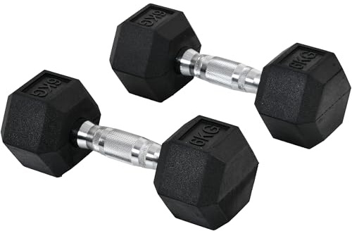 HOMCOM 2x6kg Rubber Hex Dumbbell Set Anti-Rolling Free Weights Dumbbells Pair with Knurled Grip for Home Gym Strength Training Exercise