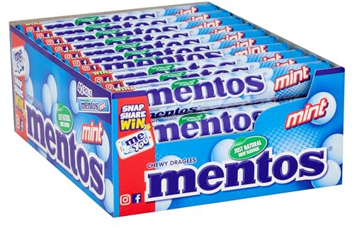Mentos Kaubonbons Mint, Dragees mit Pfefferminz-Geschmack für frischen Atem, Multipack, Bonbon Vorrats-Packung, Verkaufsdisplay (40 Rollen), vegan