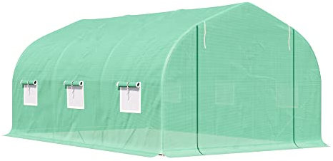 Outsunny Serra per Orto con 6 Finestre e Porta Avvolgibile, Serra da Giardino a Tunnel con Tetto Spiovente in PE e Tubi d'Acciaio, 4.5x3x2m, Verde Scuro