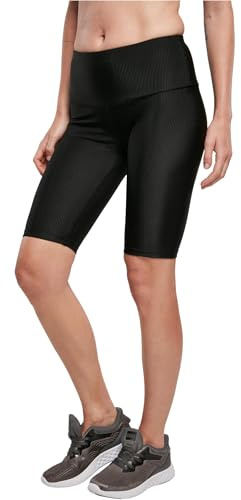 Urban Classics Dam Radler-byxor Ladies High Waist Shiny Rib Cycle Shorts, korta leggings, knälånga sportbyxor för kvinnor, storlekar XS – 5XL, svart, S