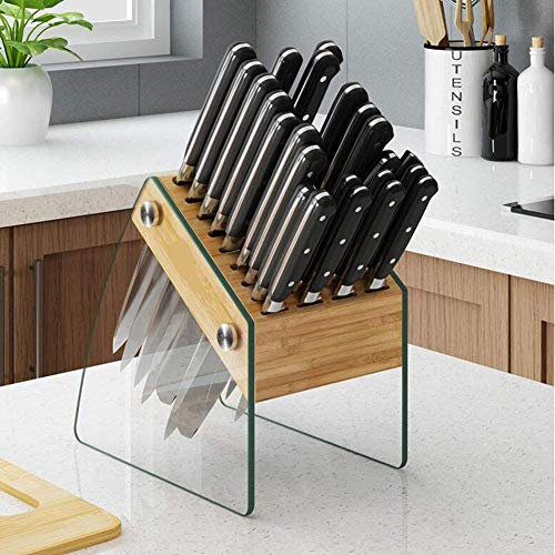 GLP Bloque de cuchillos de bambú templado de vidrio 23 ranuras Soporte de cuchillo de cocina de escritorio seguro y fácil almacenamiento vacío bloque de almacenamiento organizador sin cuchillos