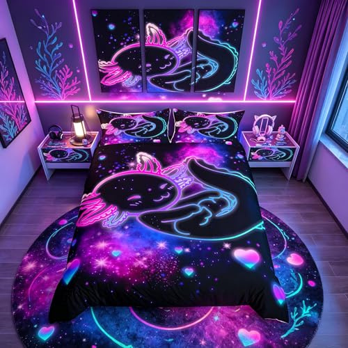 Kids Cute Axolotl Bedding Set Girls Glitter Cartoon Salamander Comforter Cover Boys Teen Purple Blue Galaxy Axolotl Duvet Cover Toddler Kawaii Reptile Animal Bedspread Cover King Size 3Pcs Boys