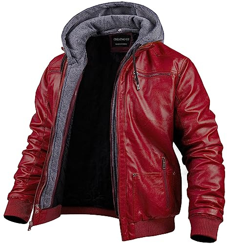 CREATMO US Men's Faux Leather Jacket Motorcycle Waterproof Windproof Pu Moto Outerwear Vintage Bomber Hoodie with Removable Hood Red 2XL