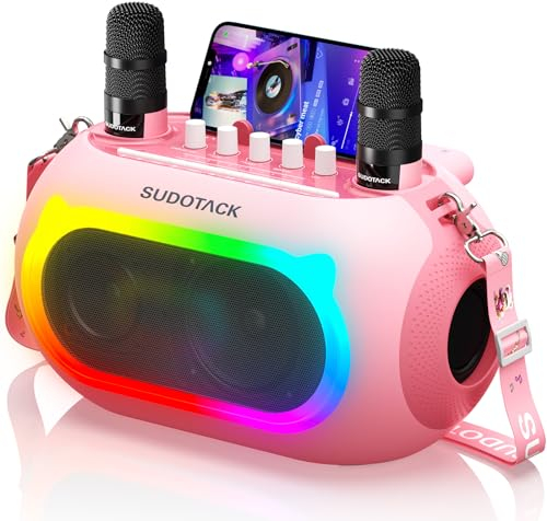 SUDOTACK Karaoke Maschine mit 2 Kabellose Mikrofone, Bluetooth Lautsprecher Box mit Bass-/Höhen-Einstellung, Für Party, Outdoor, Hochzeit, Kirche, Picknick, Geschenk, Erwachsene/Kinder, Pink