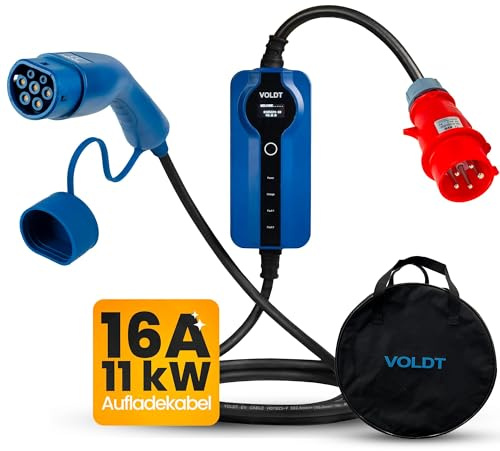 VOLDT Typ 2-laddningskabel, 11 kW, EV-laddare med CEE-uttag, 8 A, 16 A, trefas mobil laddningsstation med skärm för elfordon IP69, TÜV, CE, bärbar laddare