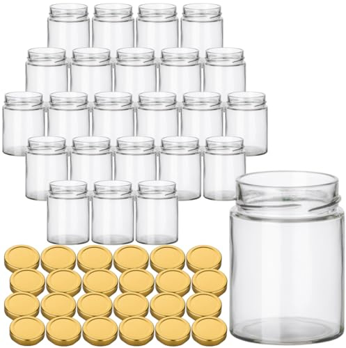 gouveo Uppsättning med 24 glasburkar på 280 ml klassisk med skruvlock, tomma förvaringsburkar för konservering och förvaring – små burkar för sylt, honung, hemlagad (EGC280G)