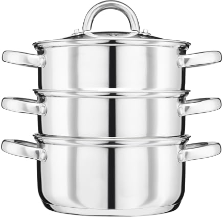 Cooks Professional 3 Tier Stainless Steel Steamer Pan | Durable Vegetable Steam Cooker Pots with Glass Lid, Vent & Twin Handles | Suitable for All Hobs Inc Induction | Dishwasher Safe | 20cm Diameter