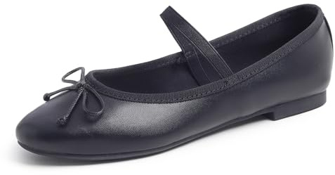 FEVERSOLE Women's Soft Cushion Padded Comfort Round Toe Mary Jane Elastic Fashion Ballet Flats Walking Shoes Black Vegan Leather 7.5 M US