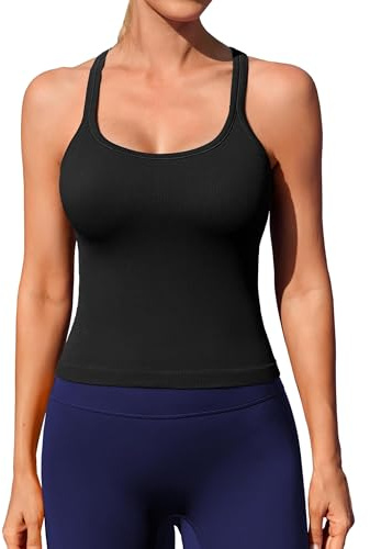 ATTRACO Workout Tank Top for Women Gym Vest with Built in Bra Racerback Running Yoga Tanks Sleeveless Sports Shirts Black S