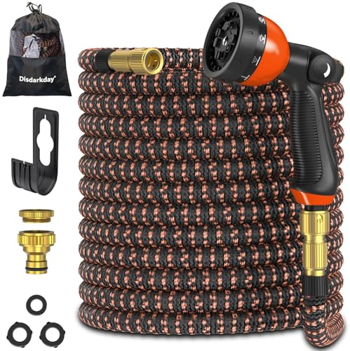 Tuyau Arrosage Extensible 15m, Disdarkday Tuyau D’arrosage Extensible avec 1/2 et 3/4 Adaptateurs, 10 Modes d'Arrosage, Latex Triple Épaisseur Durable avec Raccords et Sac, Orange