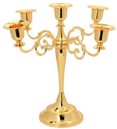 QWORK® Chandelier Bougeoirs à 5 Bras, 27 cm, Or Élégant, Alliage de Zinc, pour Décoration de Fête, Mariage, Table à Manger