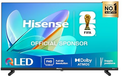Hisense TV 32 QLED Full HD 2025 32E53QT, Smart TV VIDAA U8, HDR10, Airplay2, Game Mode, Dolby Atmos, Works with Alexa, Tuner DVB-T2/S2 HEVC 10, lativù, 32'', 2025 QLED