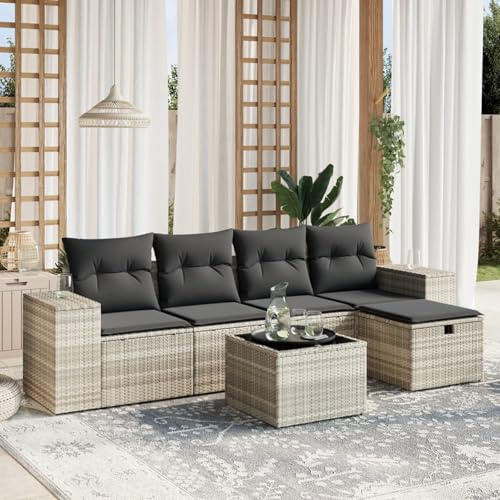 Gecheer Divano da Giardino 6 Pezzi, con Cuscini Sfoderabili e Lavabili, in Polyrattan Grigio Chiaro e Acciaio Verniciato a Polvere, Tavolino in Vetro Temperato, per Esterno, Terrazza e Patio
