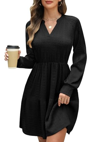 CMTOP Jumper Dress for Women Long Sleeve V Neck Elastic Waist Dresses Ladies Elegant Sweater Tunic Casual Midi Bodycon with Pockets Black
