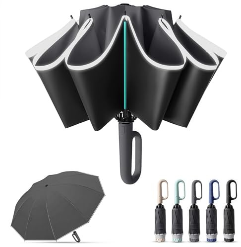 Kisizity Regenschirm Sturmfest, 10 Rippen Umgekehrter Regenschirm Automatik Auf und Zu, 106cm Durchmesser Golf Umbrella mit Schnallengriff und 360° Reflektierende Streifen für Herren und Damen (Grau)