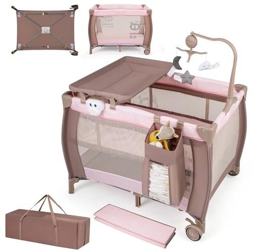 GYMAX Baby Travel Cot, 3 in 1 Bassinet Bed (Pink)