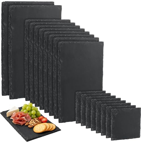 MSYU Juego de 18 tablas de pizarra negra, tabla de queso, platos de piedra, bandeja de queso de sushi, bandeja individual para Navidad, pizarra, corte, alimentos, pasteles, frutas, carne